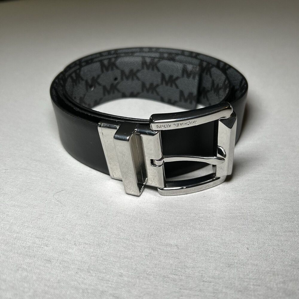Michael Kors reversible belt, black / gray logo, silver buckle, Size M (est)